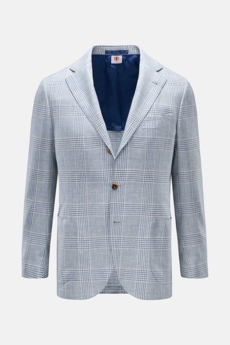 Frontansicht des Borrelli Sakko 'Procida' rauchblau/offwhite kariert aus Wolle mit Cashmere, Slim Fit, Glencheck, tailliert, drei Knöpfe, halb gefüttert.