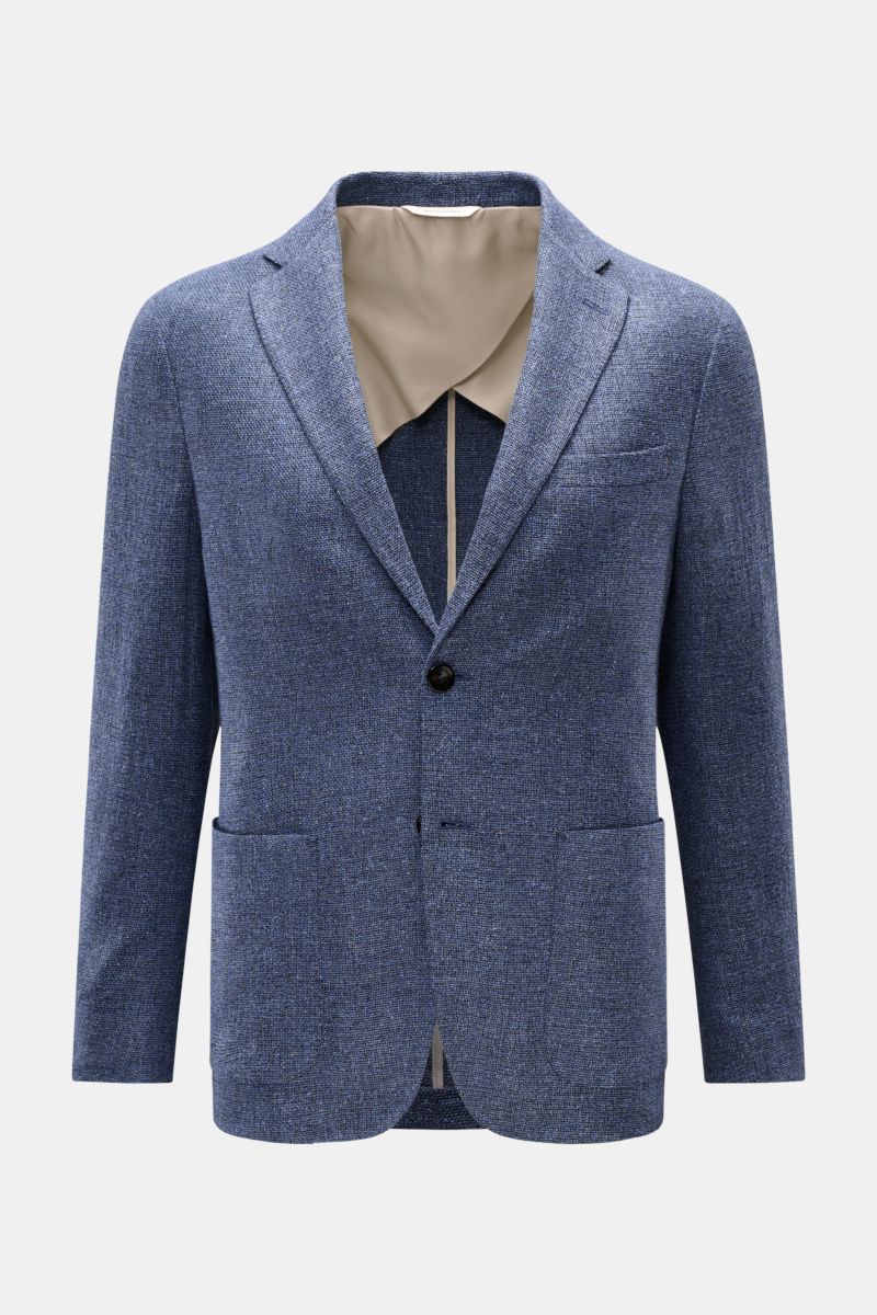 Agnona Sakko rauchblau meliert, halb gefüttert, Slim Fit, taillierter Zwei-Knopf-Stil mit fallendem Revers, Brust- und aufgesetzte Hüfttaschen, Kissing Buttons, Rückenschlitze, Frontansicht.