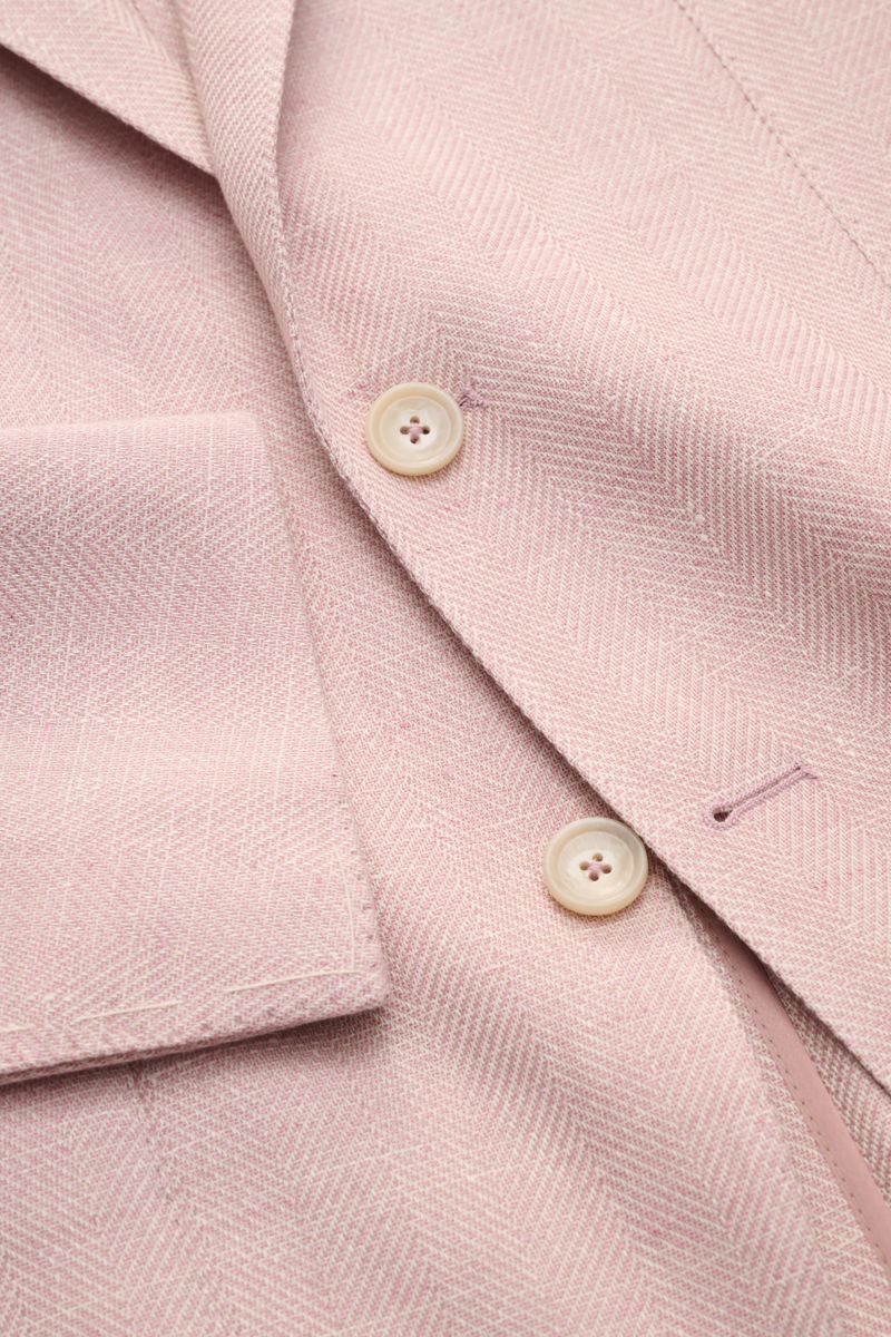 Tagliatore Sakko 'Monte Carlo' altrosa meliert, Nahaufnahme von Knöpfen und Fischgrat-Struktur, Leinen-Baumwoll-Mix, Slim Fit, tailliert.