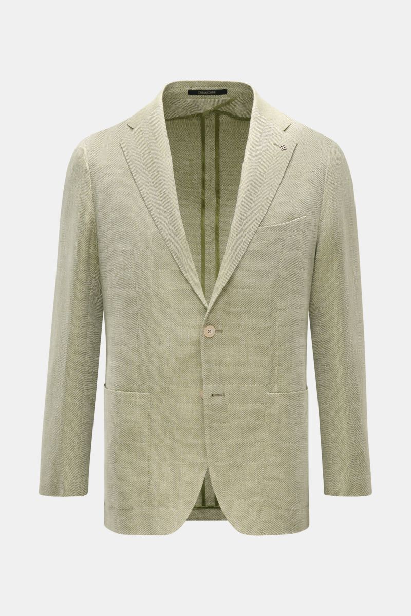 Tagliatore Sakko 'Monte Carlo' oliv meliert, frontal mit markanter Fischgrat-Struktur, Slim Fit, Leinen-Baumwoll-Mix, zwei Knöpfe, Unconstructed Design.
