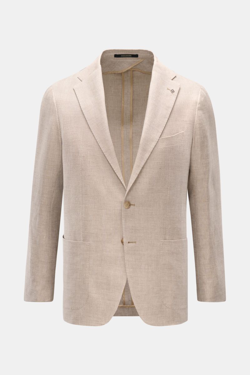 Tagliatore Sakko 'Monte Carlo' beige meliert, frontale Nahaufnahme, Leinen-Baumwoll-Mix, Fischgratstruktur, Slim Fit, zwei Knöpfe, fallendes Revers, Brust- und Hüfttaschen, Unconstructed Design.