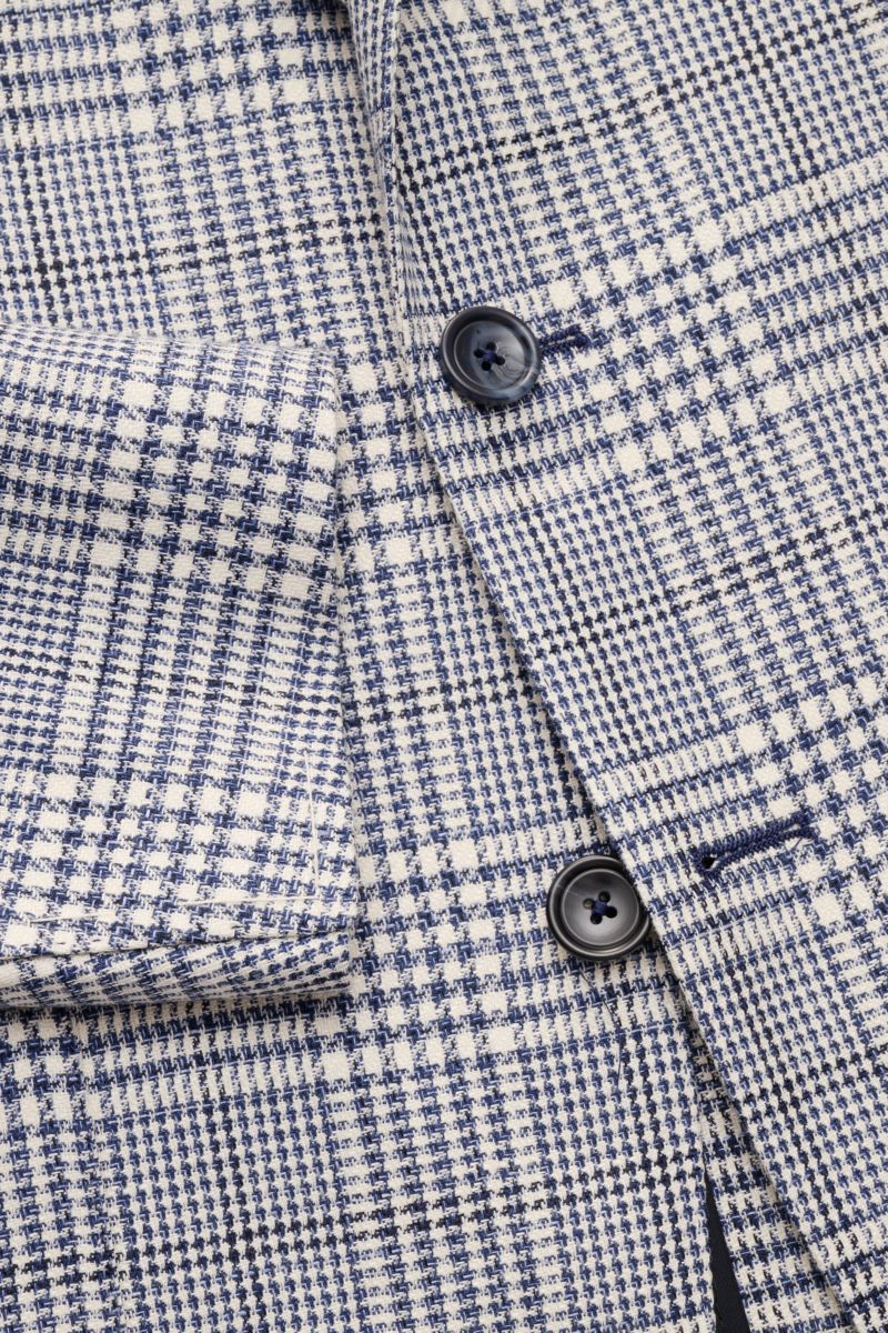 Tagliatore Sakko 'Monte Carlo' dunkelblau/creme kariert, Detailaufnahme von vorne, Leinen-Baumwoll-Mix mit Glencheck-Muster, zwei Knöpfe, weicher Griff.