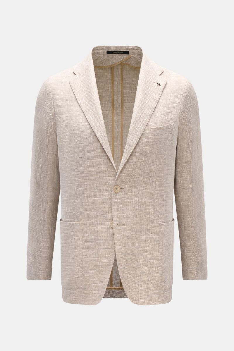 Front view of Tagliatore Smart-casual jacket 'Monte Carlo' beige mottled with slim fit, two-button style, step lapel, patch hip pockets, and unconstructed design.

Description: The unconstructed finish in a fine blend of fabrics refined by effect yarn for