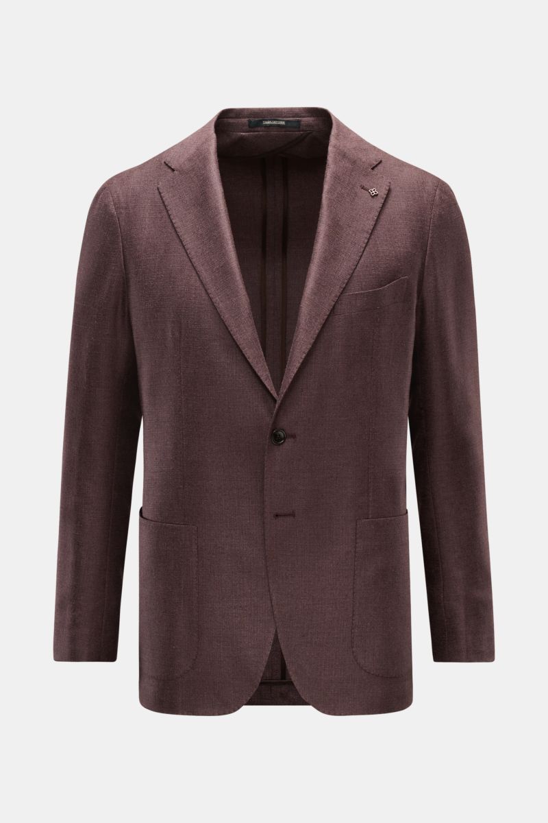 Tagliatore Sakko 'Monte Carlo' dunkelbraun meliert, Slim Fit, aus Seide-Schurwolle, feines Strukturgewebe, zwei Knöpfe, fallendes Revers mit Pin, Brust- und Hüfttaschen, seitliche Schlitze, Unconstructed Design, drei Innentaschen, frontale Aufnahme.
