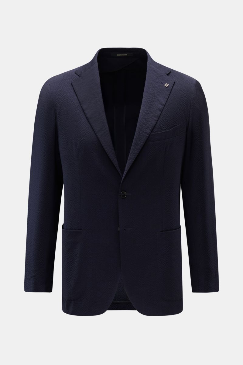 Tagliatore Sakko 'Monte Carlo' navy, frontale Ansicht, Slim Fit, Seersucker-Struktur, zwei Knöpfe, fallendes Revers, Brust- und Hüfttaschen, Unconstructed Design.
