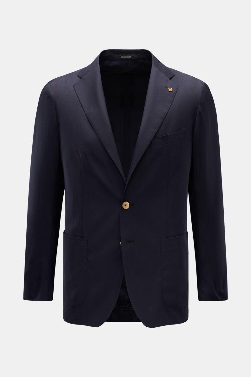 Tagliatore Sakko 'Monte Carlo' navy, frontale Nahaufnahme, Slim Fit, Unconstructed Design, Schurwoll-Seiden-Mix, zwei Knöpfe, fallendes Revers, aufgesetzte Taschen, markanter Revers-Pin.