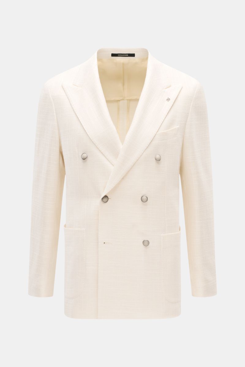 Tagliatore Sakko 'Vesuvio' creme, frontal fotografiert, Slim Fit, zweireihig, 3-Knopf-Stil, Spitzrevers, weiches, sommerliches Material mit markanter Webstruktur.