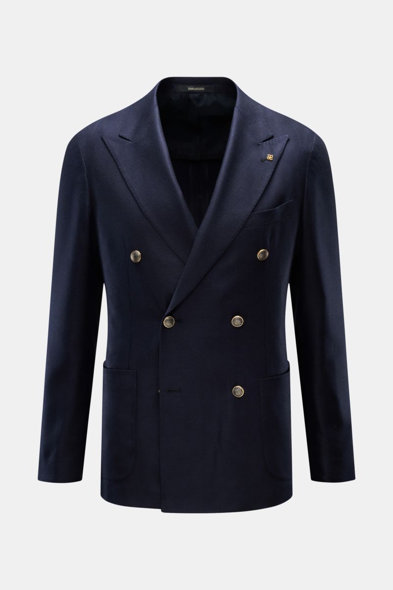 Tagliatore Seidensakko 'Vesuvio' navy, slim Fit, zweireihig mit drei Knöpfen, Spitzrevers, markant gewebt, weicher Griff, frontal fotografiert.