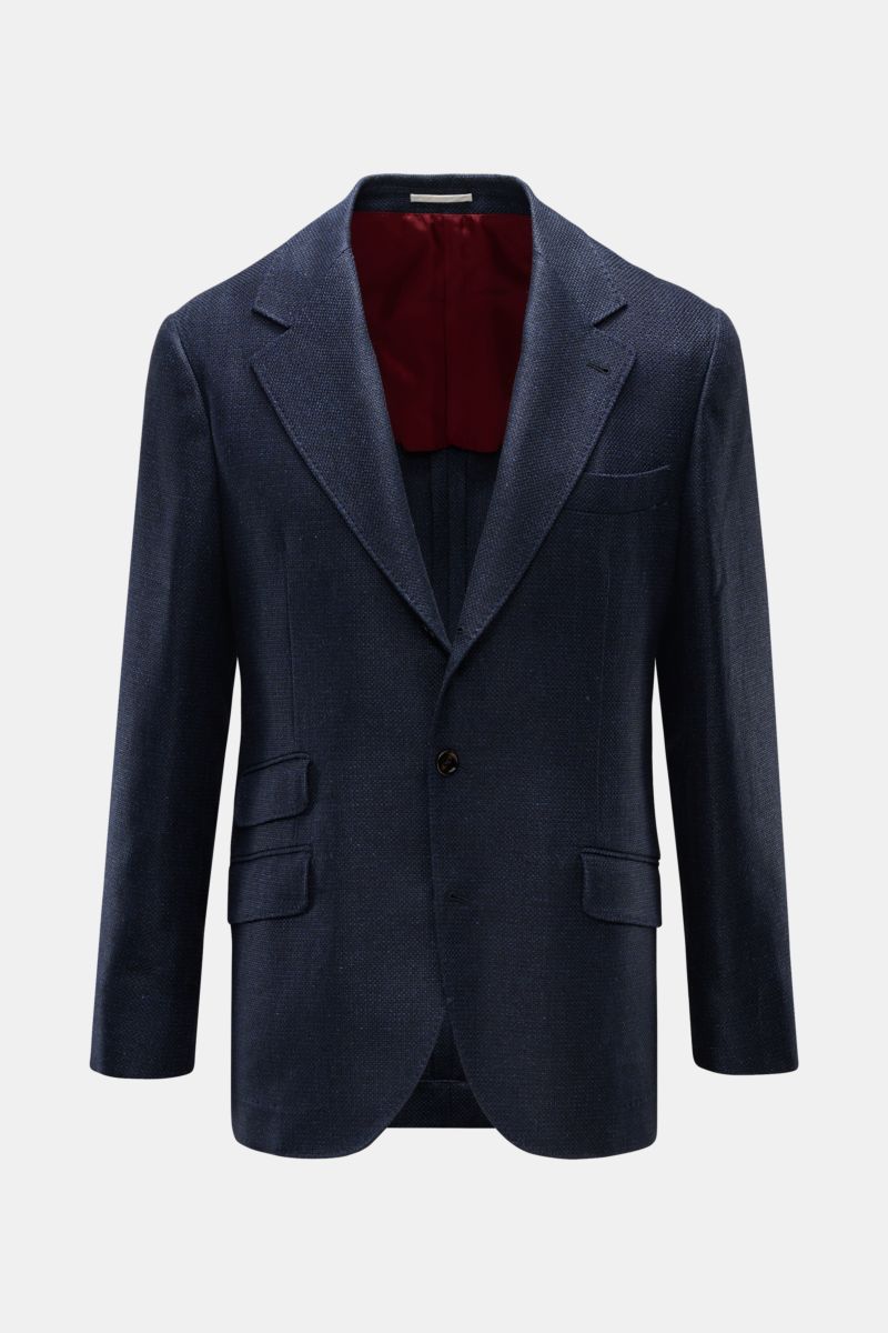 Front view of a Brunello Cucinelli Sakko navy meliert, a slim fit, lightweight three-button jacket in silk, linen, and wool with textured weave, notch lapels, chest pocket, flap hip pockets, unfinished sleeve cuffs, side back vents, half lining, and three
