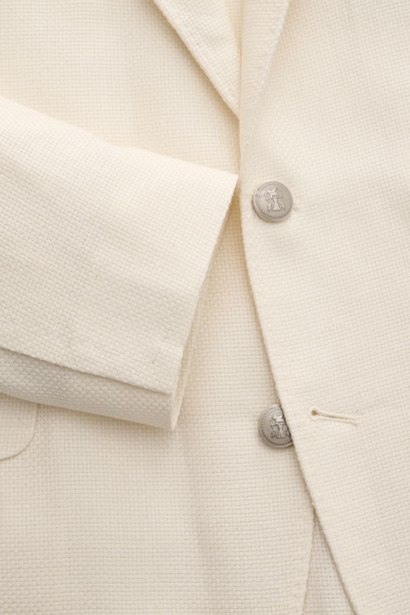 Brunello Cucinelli Sakko creme, Nahaufnahme von Ärmel und drei Knöpfen, leichter Seide-Leinen-Woll-Mix mit Panama-Struktur, Slim Fit