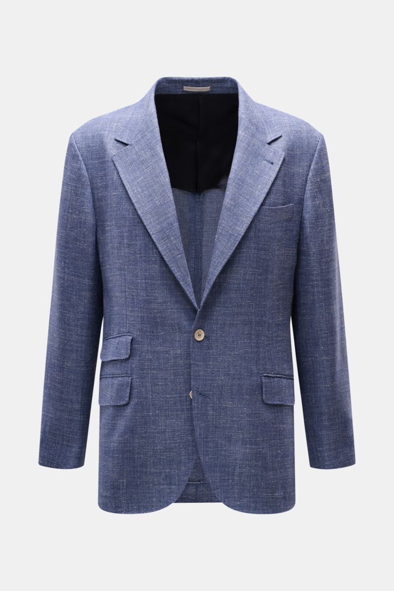 Brustansicht des graublau melierten Brunello Cucinelli Sakkos aus Seide, Leinen, Wolle, Slim Fit, drei Knöpfe, Panama-Webstruktur.