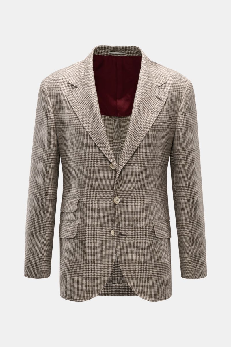 Brunello Cucinelli Sakko beige/dunkelbraun kariert, Slim Fit, drei Knöpfe, Glencheck, halb gefüttert, fallendes Revers, frontale Ansicht.