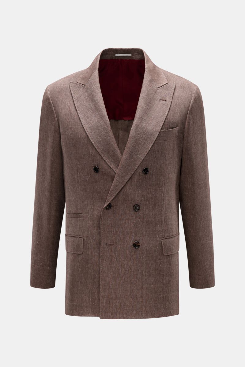 Front view of Brunello Cucinelli Sakko graubraun meliert, a slim fit double-breasted blazer in a gray-brown linen-wool mix with peak lapels and flap pockets.