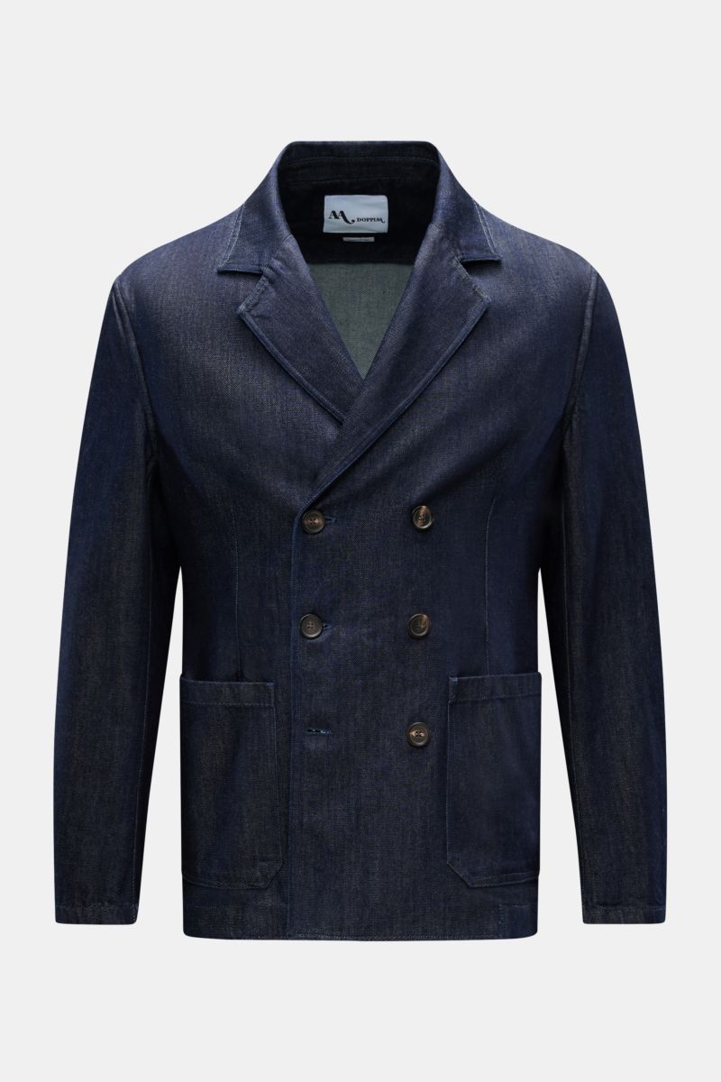 Front view of Doppiaa Denim jacket 'Aansonia' navy, a slim fit, double-breasted three-button jacket with step lapel, patch hip pockets, unconstructed design, made of pure cotton denim, perfect for smart-casual urban spring looks.