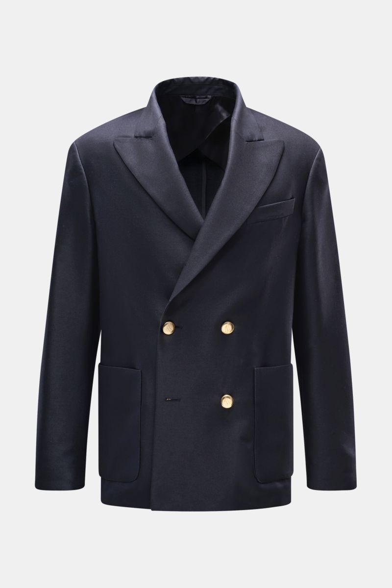 Doppiaa Sakko 'Aanversa' navy, frontale Nahaufnahme, twill Wolle-Seide, zweireihig, goldene Knöpfe, Spitzrevers, Slim Fit, aufgesetzte Taschen.
