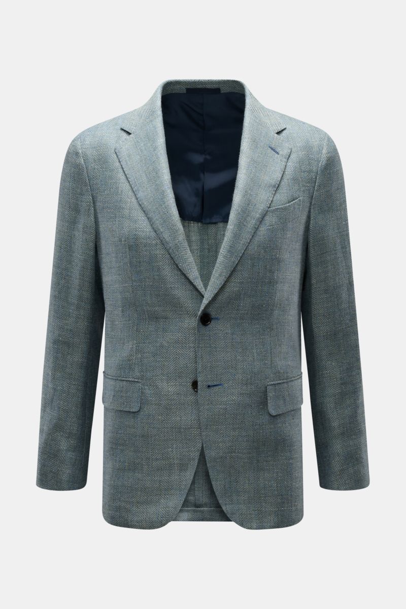 Front view of Caruso Smart-casual jacket 'Aida' grey-green mottled with slim fit, two-button style, linen-wool blend, and subtle herringbone texture.