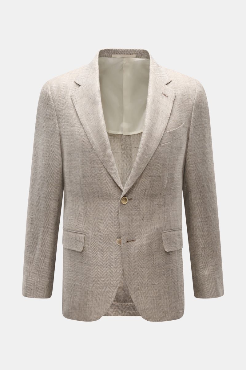 Front view of Caruso Smart-casual jacket 'Aida' beige mottled in linen-wool blend with slim fit, two-button style, herringbone texture, flap hip pockets, breast pocket, step lapel, unfinished cuffs, side vents, half lined with three inside pockets.