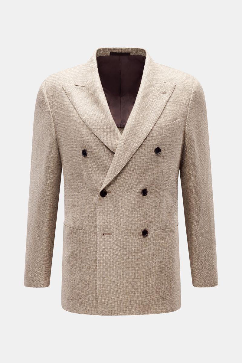 Caruso Sakko 'Aida' beige meliert, frontal fotografiert, zweireihig mit steigendem Spitzrevers, Hanf-Woll-Mix, Slim Fit, Brust- und Hüfttaschen.