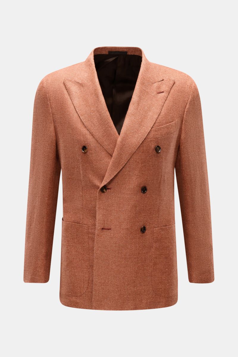 Caruso Sakko 'Aida' rostbraun meliert, Slim Fit, zweireihig, steigendem Spitzrevers, griffige Hanf-Wolle, Leinwandbindung, Brust- und Hüfttaschen, halb gefüttert, drei Innentaschen, Ärmelabschlüsse unfertig, Rückenschlitze, Frontansicht.