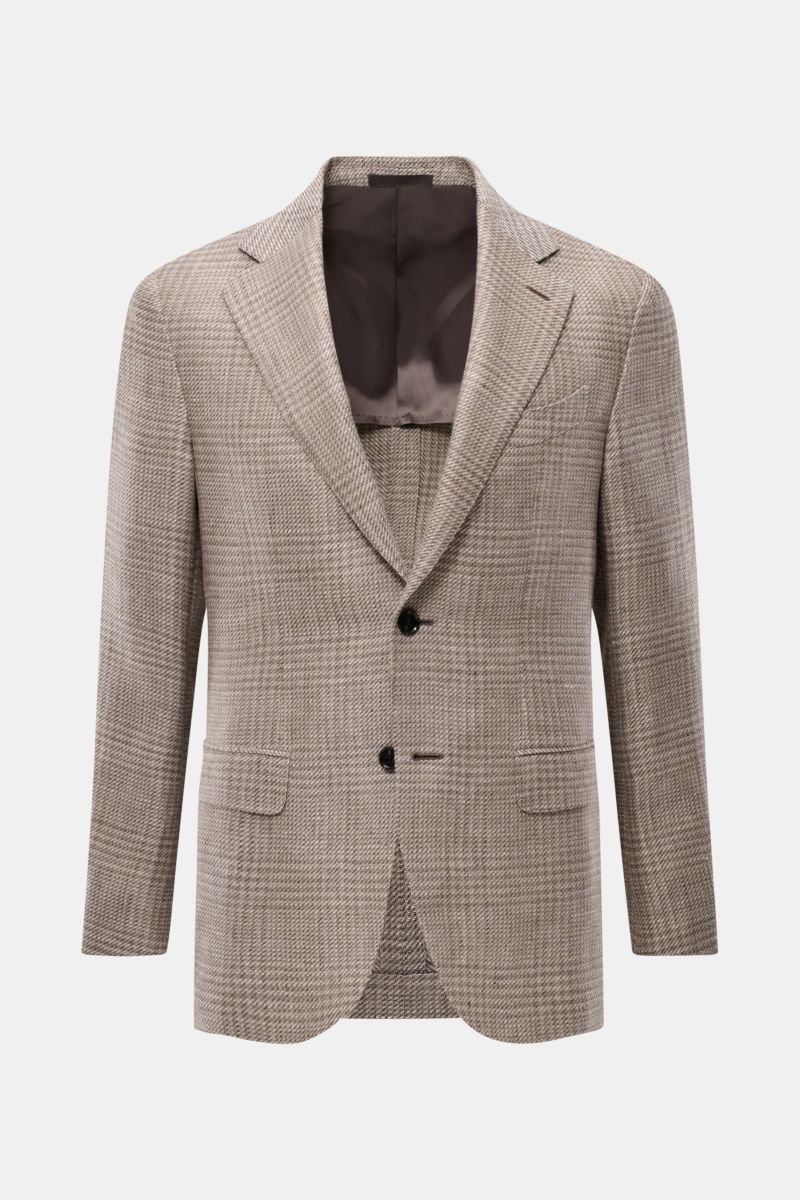 Front view of Caruso Smart-casual jacket 'Aida' taupe/brown checked, lightweight linen-wool blend, slim fit, two-button, glen check pattern.

Description:  
A stylish addition with a classic feel: Made of a lightweight linen-wool blend with timeless glen 