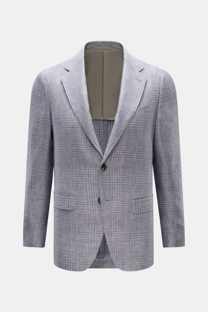 Caruso Sakko 'Aida' grau/rauchblau kariert, Slim Fit, aus leichtem Leinen-Woll-Mix, klassischer Glencheck, tailliert, frontal fotografiert.