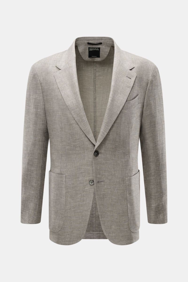 Alt tag (125 characters): Front view of Zegna Smart-casual jacket 'Riviera' grey/white mottled, slim fit, linen-wool-silk blend, two-button style.

Description:  
The smart-casual jacket 'Riviera' by ZEGNA made of linen and wool with silk content has a