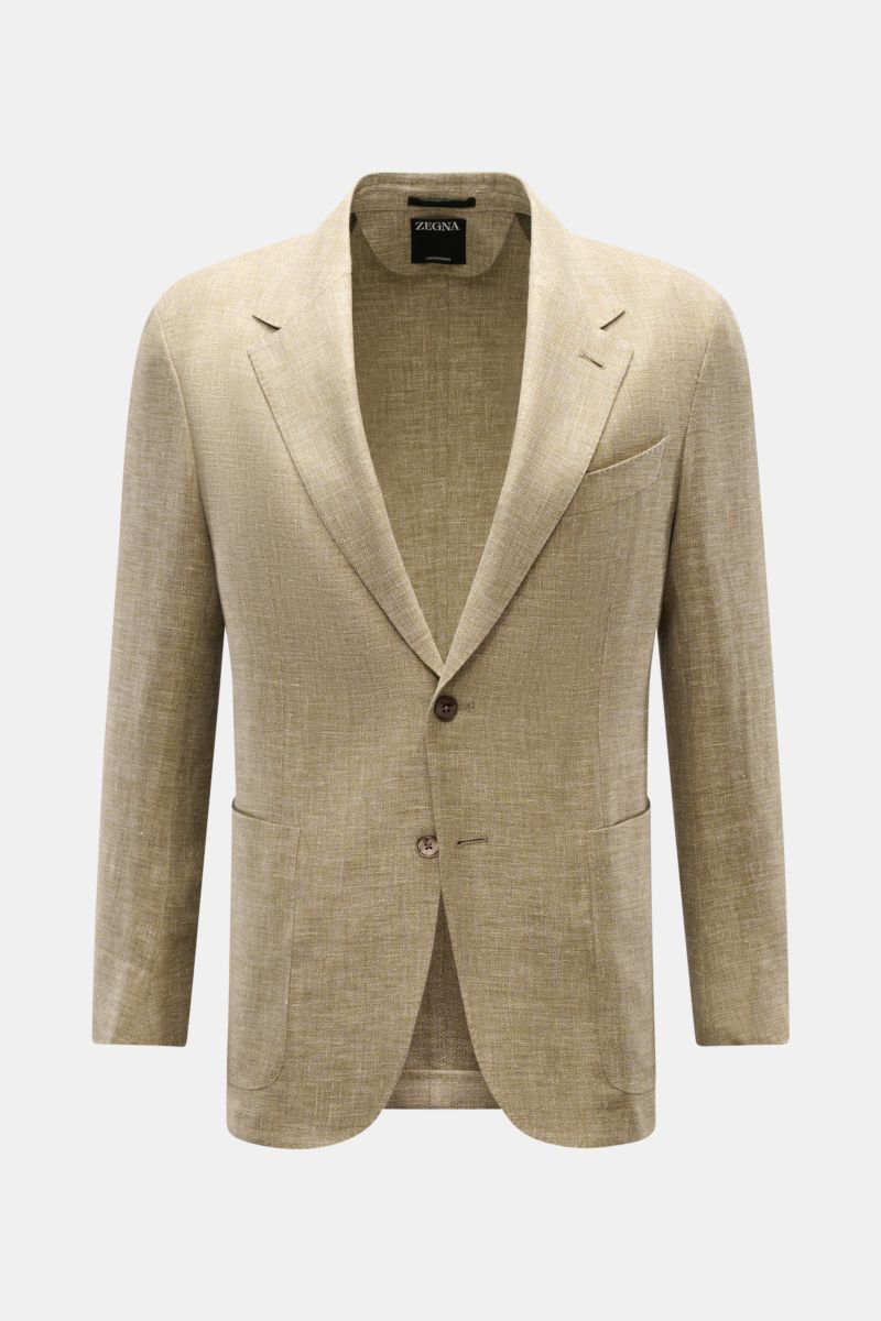 Zegna Sakko oliv meliert aus Leinen, Wolle, Seide, Slim Fit, tailliert, zwei Knöpfe, fallendes Revers, Taschen, frontale Ansicht.