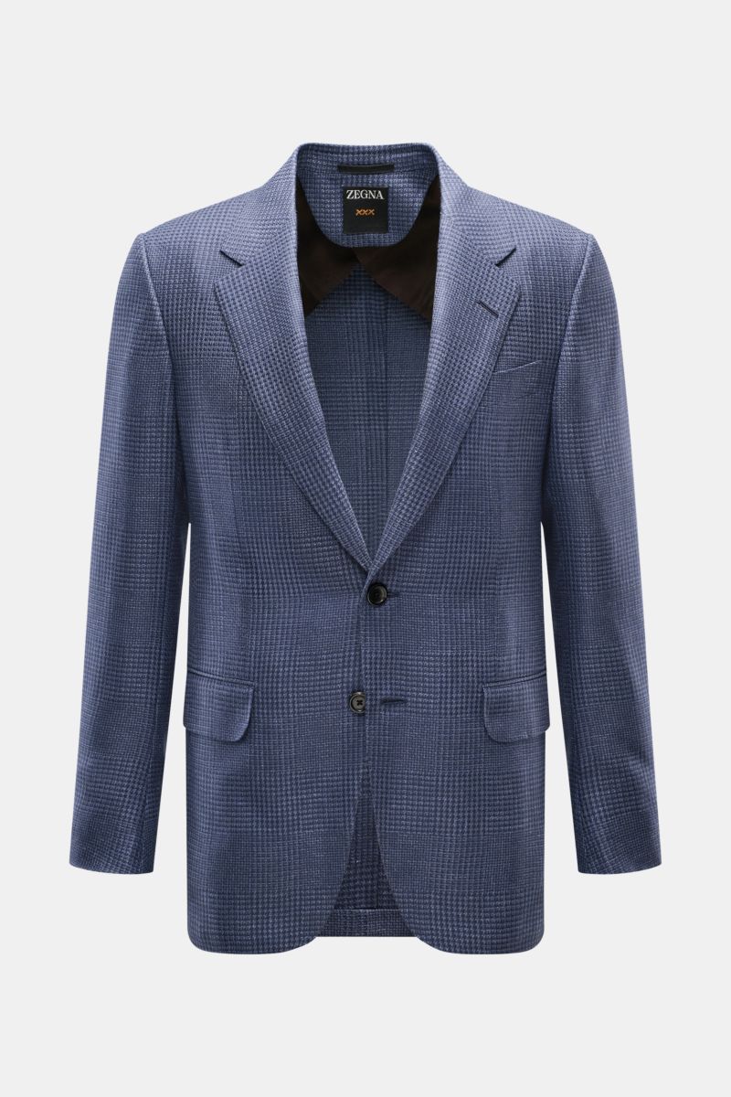Front view of Zegna Smart-casual jacket 'Atelier' navy/smoky blue checked with slim fit, two-button style, and classic glen check pattern.

A statement piece for the most discerning tastes: The 'Atelier' smart-casual jacket by 