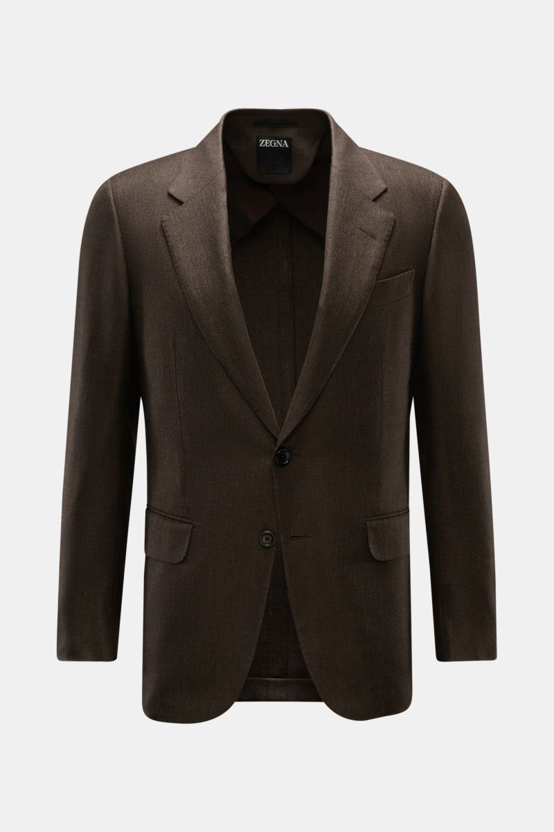 Zegna Sakko dunkelbraun, frontale Ansicht, Slim Fit, zwei Knöpfe, feines Webmuster, Mix aus Cashmere, Seide, Leinen, weicher Griff, Taillierung, Brust- und Hüfttaschen.