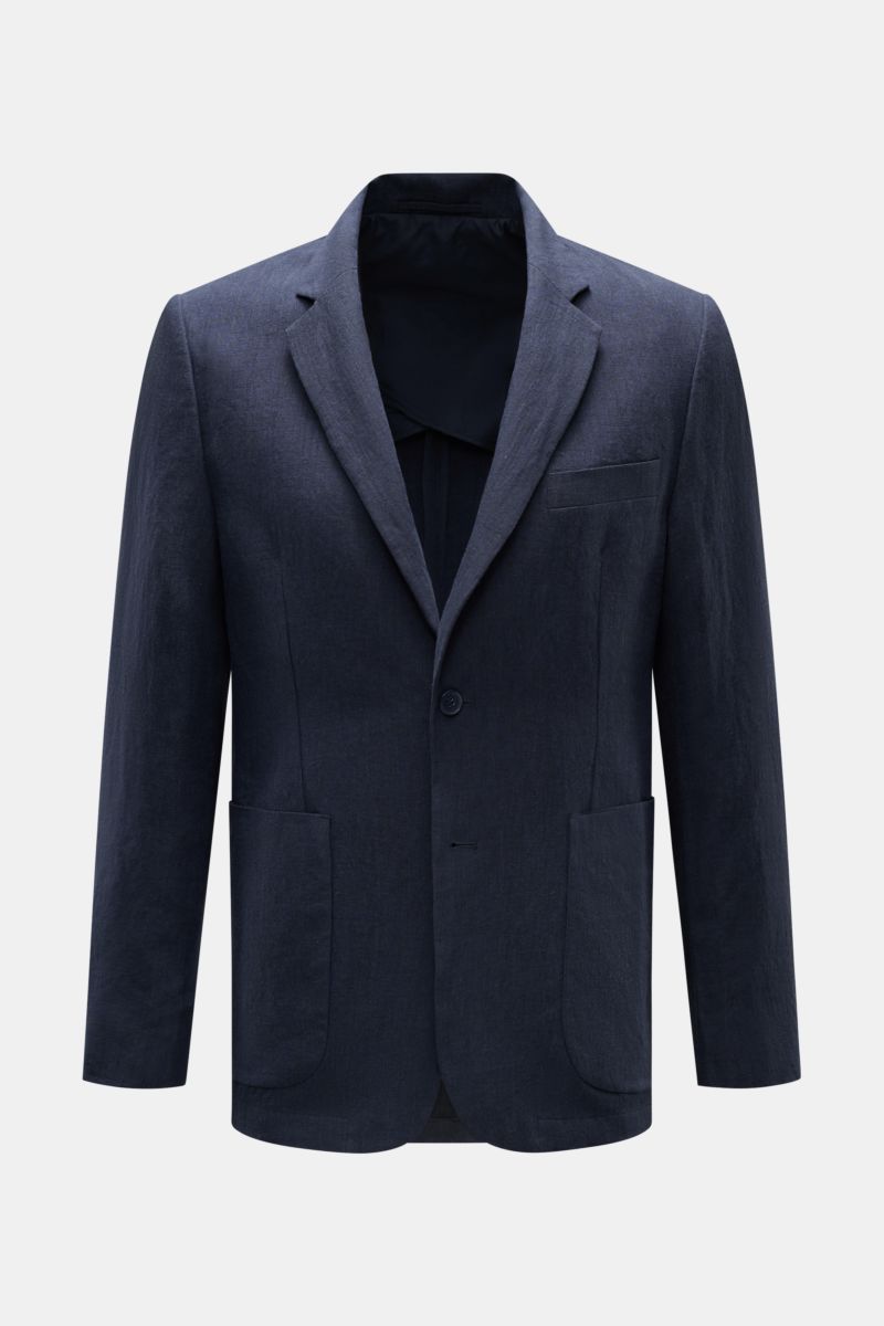 Frontansicht des Percival Sakko 'Tailored Linen' navy aus leicht griffigem Leinen-Baumwoll-Mix, Slim Fit mit fallendem Revers, Brust- und Hüfttaschen, halb gefüttert.