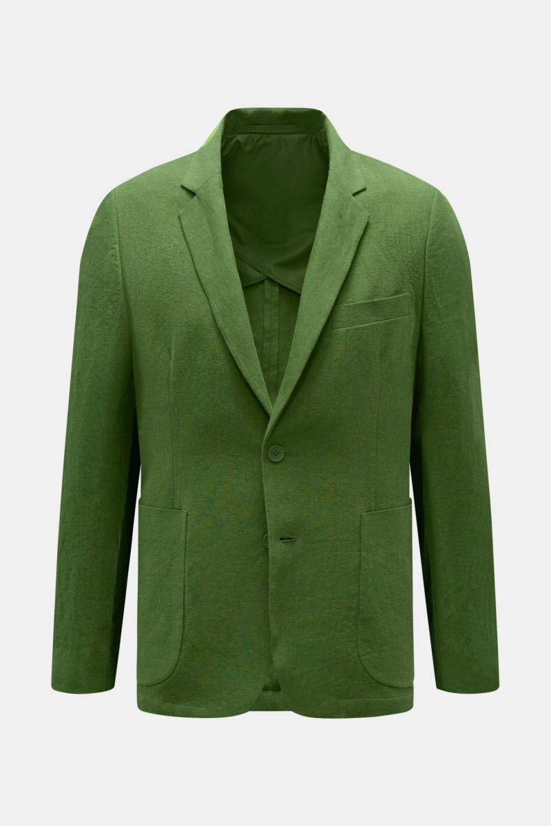 Percival Sakko 'Tailored Linen' grün, frontal fotografiert, Slim Fit, Mix aus Leinen-Baumwolle, fallendes Revers, Brust- und aufgesetzte Hüfttaschen, Ärmel mit Knöpfen, Seitenschlitze, halb gefüttert, zwei Innentaschen, leicht griffige Qualität.