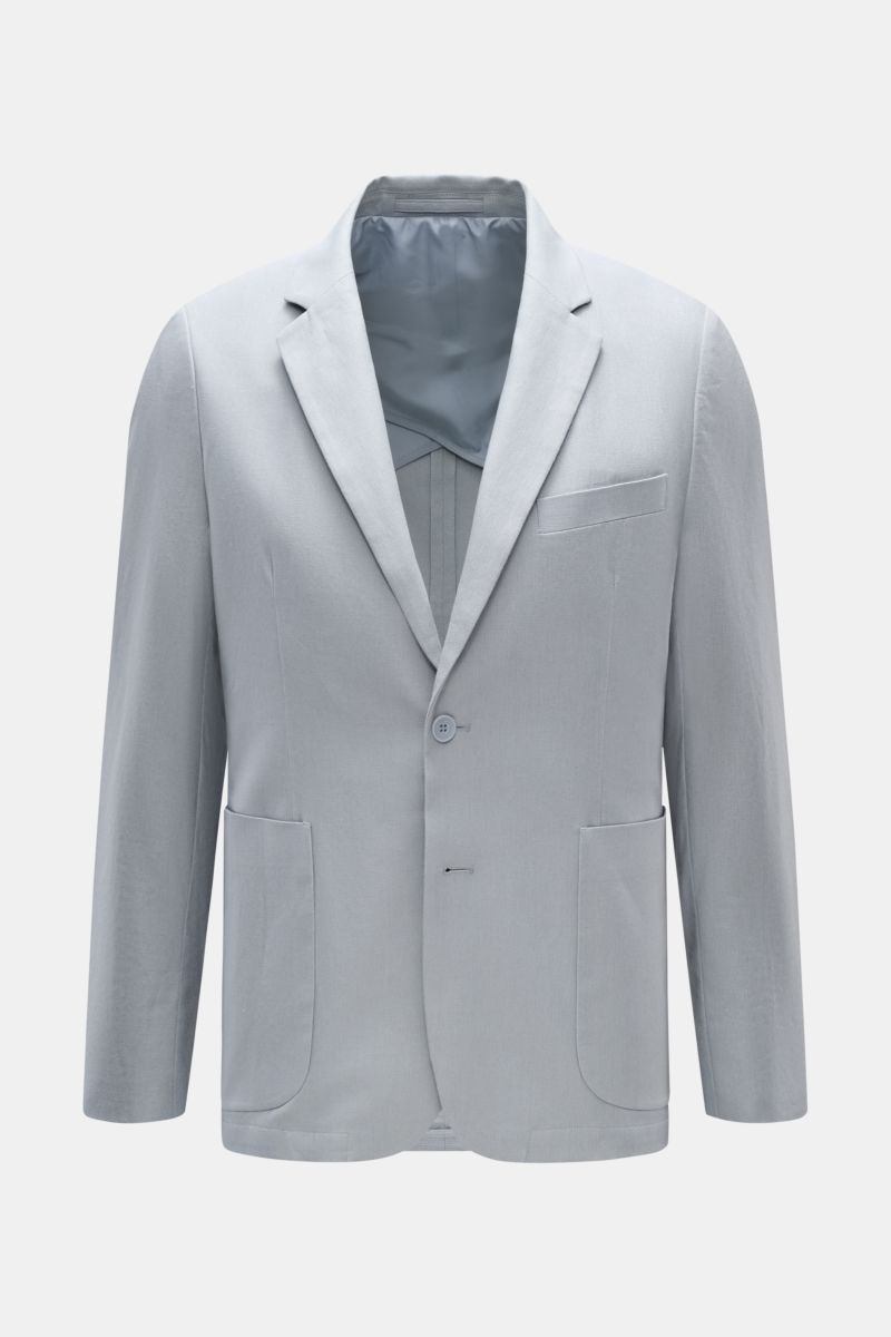 Percival Sakko 'Tailored Linen' rauchblau, frontal fotografiert, Slim Fit, Leinen-Baumwoll-Mix, fallendes Revers, Brusttasche, aufgesetzte Hüfttaschen, Ärmel mit Knöpfen, rückwärtige Seitenschlitze, halb gefüttert, zwei Innentaschen.