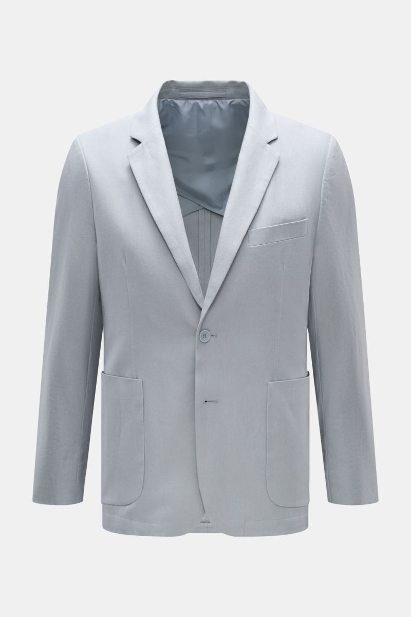 Percival Sakko 'Tailored Linen' rauchblau, Slim Fit aus atmungsaktivem Leinen-Baumwoll-Mix, frontale Sicht mit fallendem Revers, Brust- und Hüfttaschen.