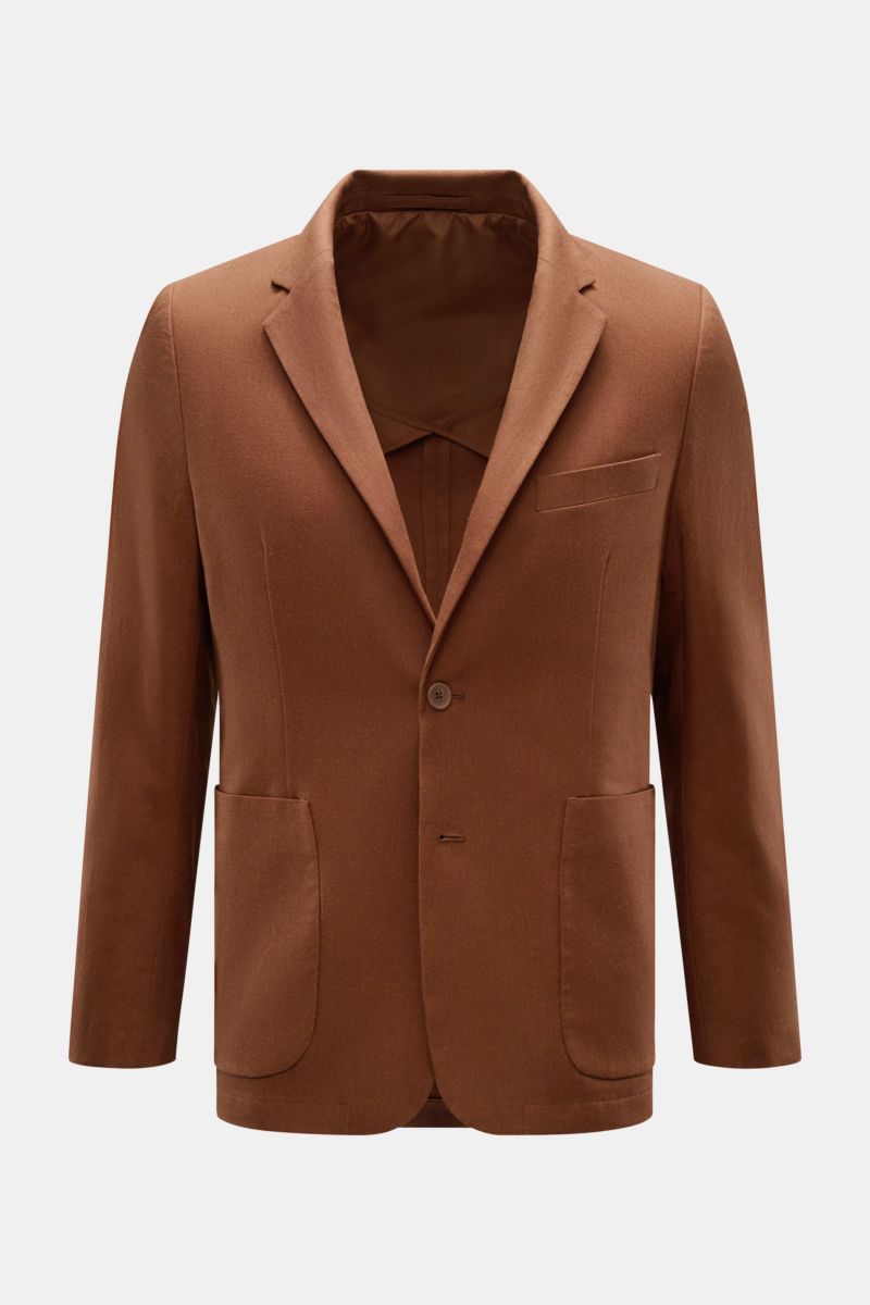 Percival Sakko 'Tailored Linen' braun, frontale Ansicht, Slim Fit Sakko aus Leinen-Baumwoll-Mix mit fallendem Revers, Brusttasche, Hüfttaschen, Knopfärmel, Seitenschlitzen, halb gefüttert und zwei Innentaschen.