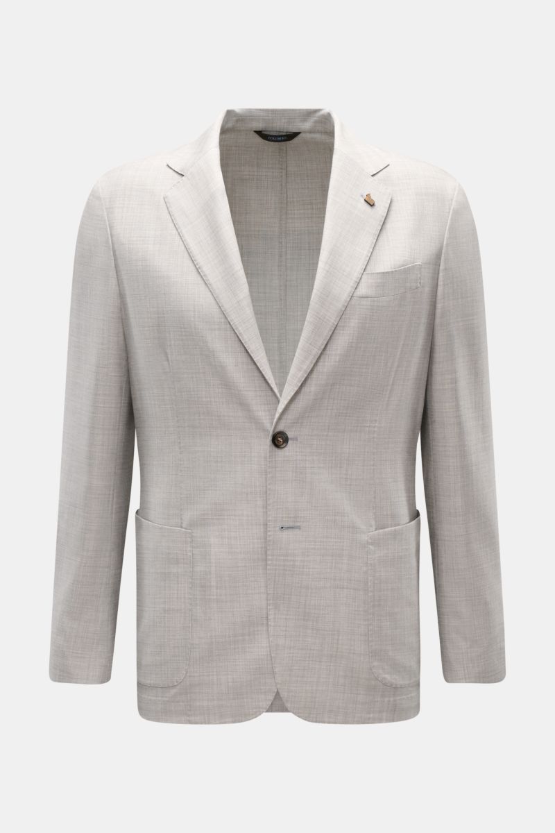 Colombo Cashmere jacket 'Robert' light grey mottled, front view, slim fit, step lapel, two-button, patch hip pockets, classic breast pocket, lightweight combed cashmere fabric. 

Combed cashmere 4.0 is the lightest cashmere fabric in the world: The sum