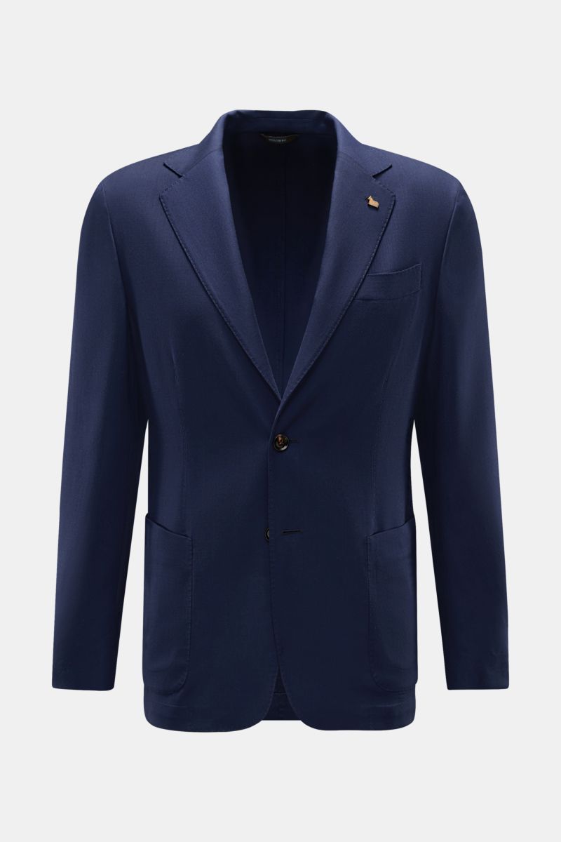Front view of Colombo Cashmere jacket 'Robert' navy in super lightweight combed cashmere 4.0, slim fit with step lapel, two-button style, breast and patch hip pockets.

Description: In super lightweight fabric made of combed cashmere 4.0, the unconstru