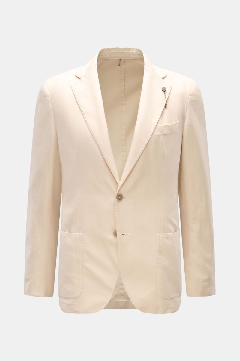 Santaniello Sakko creme, frontale Ansicht, Slim Fit, taillierter Zwei-Knopf-Stil, Baumwolle-Leinen-Mohair, weicher Griff, fallendes Revers mit Label-Pin, Brust- und Hüfttaschen, Kissing Buttons, rückwärtige Seitenschlitze, Unconstructed Design, drei Innen