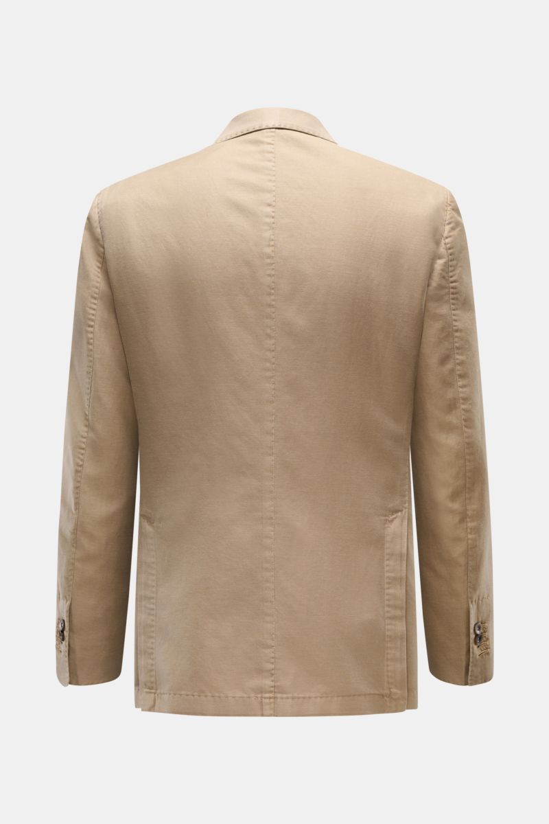 Rückansicht des taillierten Santaniello Sakko taupe aus Baumwolle, Leinen und Mohair, Slim Fit, mit Seitenschlitzen und Unconstructed Design.