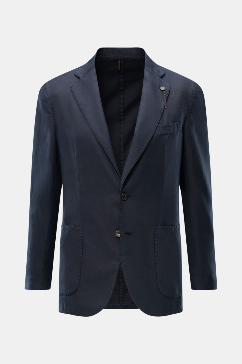 Santaniello Smart-casual jacket navy shown from the front, slim fit, two-button style with step lapel and label pin, classic breast pocket, patch hip pockets, kissing buttons, side vents at back, unconstructed design in cotton, linen and mohair blend with