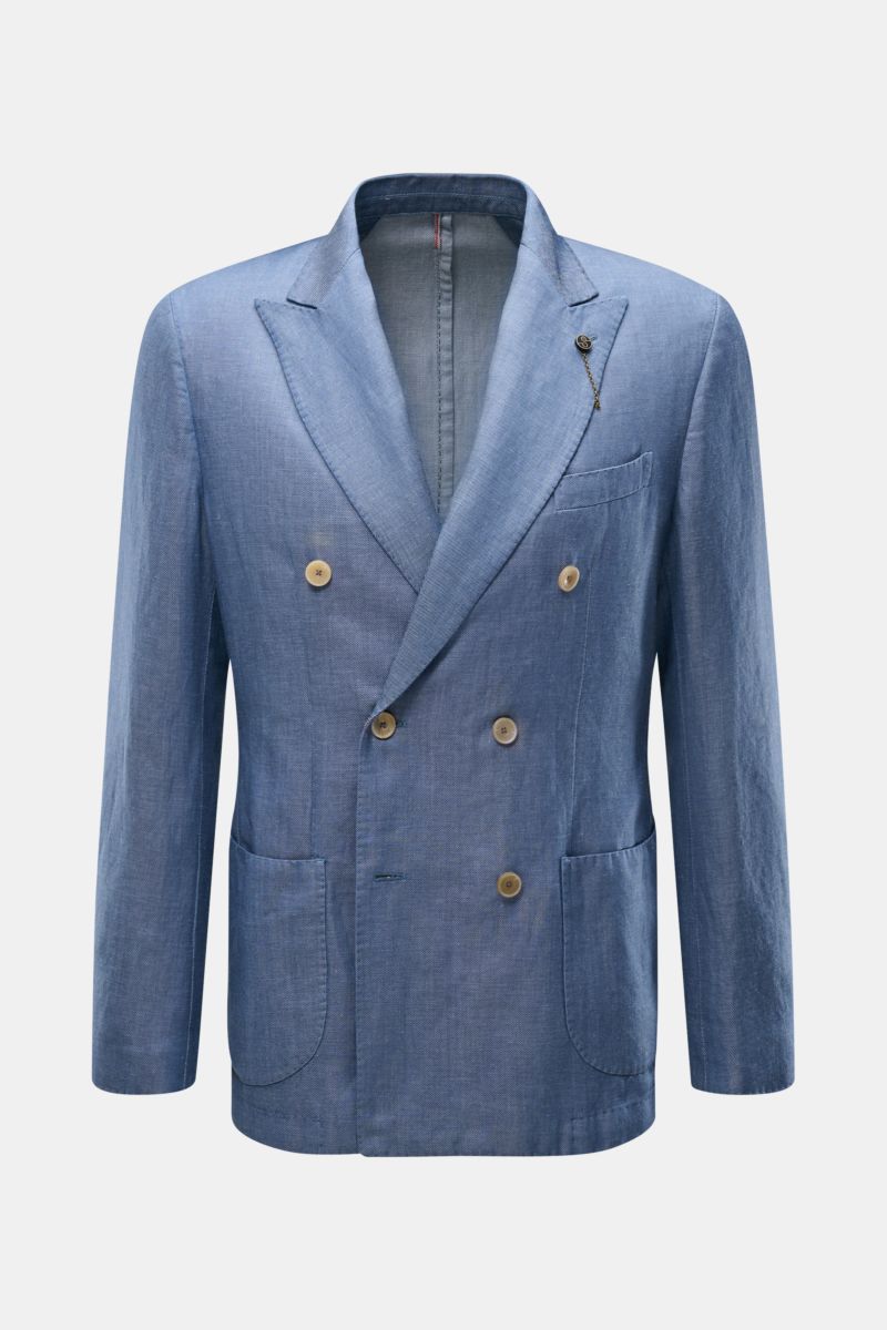 Santaniello Smart-casual jacket grey-blue mottled, front view of a slim fit, double-breasted three-button wool-linen blend jacket with pointed lapel, classic breast pocket, patch hip pockets, kissing buttons, side vents, unconstructed design, and three in