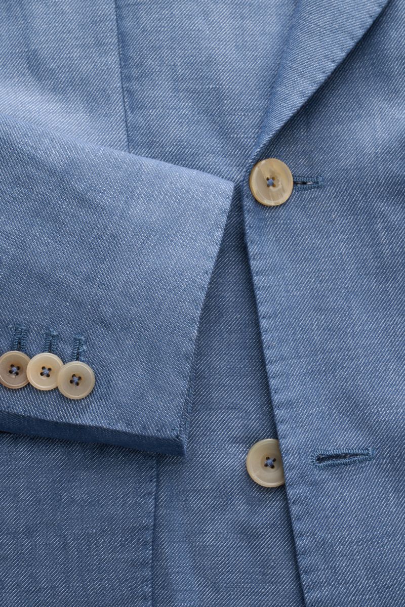 Santaniello Smart-casual jacket grey-blue mottled shown close-up from above, highlighting soft wool-linen fabric, buttons, and slim fit details. Classic elegance for the new season: This double-breasted smart-casual jacket by SANTANIELLO in fine wool with
