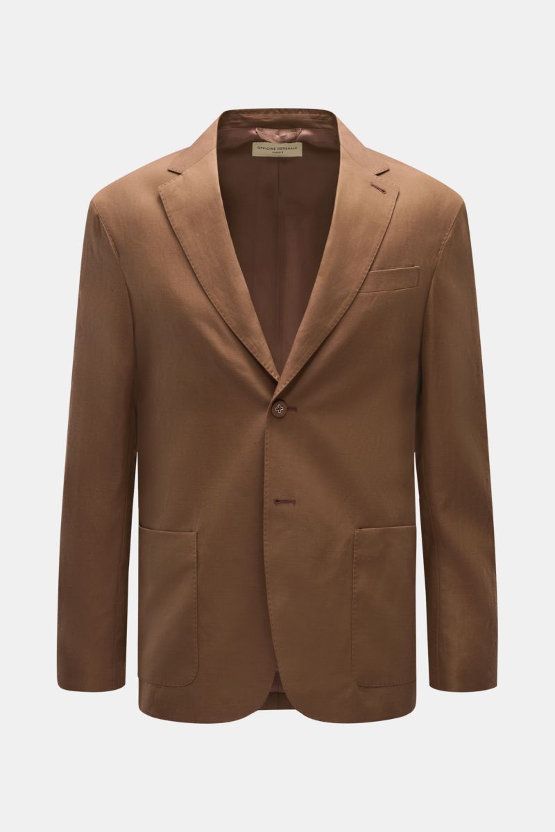 Officine Générale Smart-casual jacket 'Michel' brown photographed from the front, slim fit with two-button style, step lapel, classic breast pocket, patch hip pockets, kissing buttons, side vents at the back, glossy lining, two inside pockets, made from a