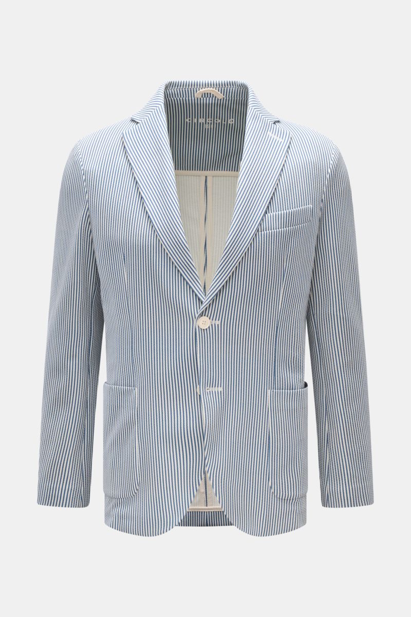 Circolo 1901 Jersey-Sakko weiß/blau gestreift, Slim Fit, leichtes Jersey, zwei Knöpfe, fallendes Revers, Brust- und Hüfttaschen, Unconstructed-Design, frontale Ansicht.