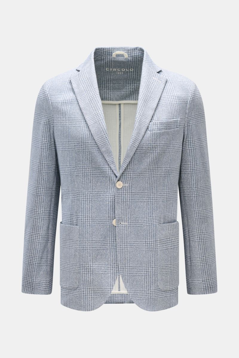 Circolo 1901 Jersey-Sakko rauchblau/weiß kariert, Slim Fit, tailliert, Jersey-Baumwolle, Unconstructed-Design, frontale Perspektive.