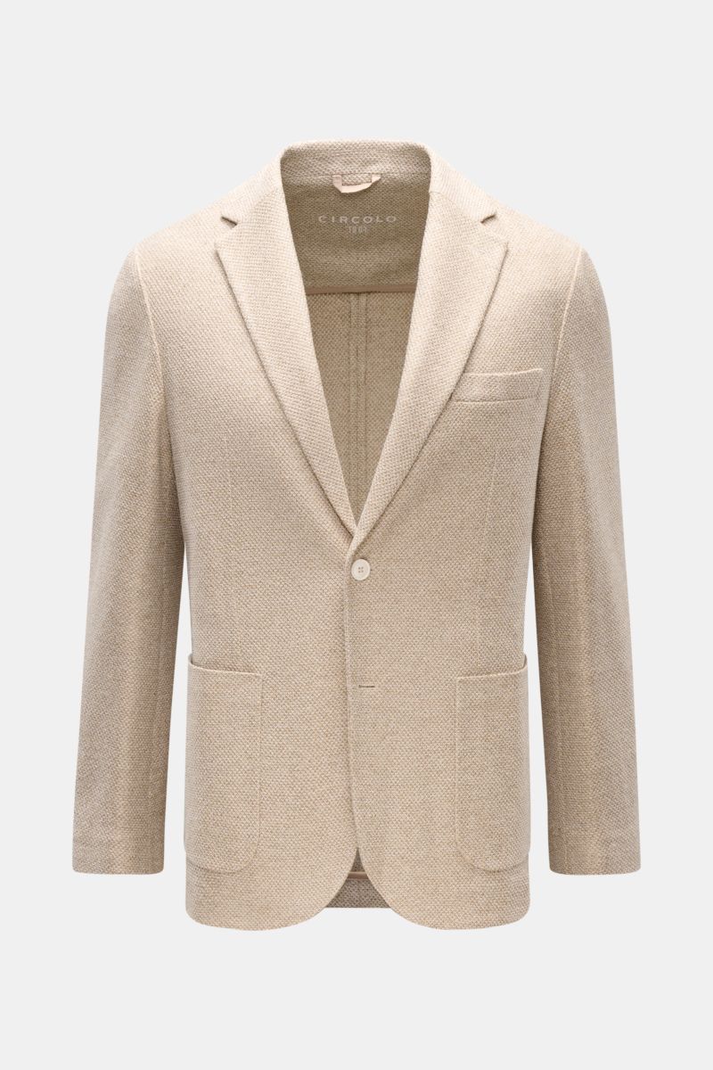 Circolo 1901 Sakko beige meliert, schmal geschnitten, aus Leinen-Mix mit Strukturgewebe, Unconstructed-Design, Slim Fit, frontal fotografiert.