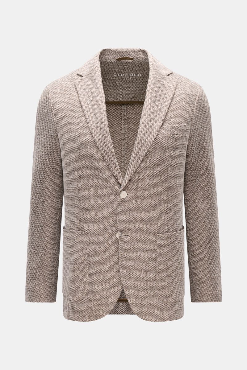 Circolo 1901 Sakko 'Coarse' dunkelbraun/taupe/weiß meliert, schmal geschnitten, Slim Fit, Leinen-Mix, Unconstructed-Design, fallendes Revers, zwei Knöpfe, Brust- und Hüfttaschen, Ärmelknöpfe, Seitenschlitze, Frontansicht.