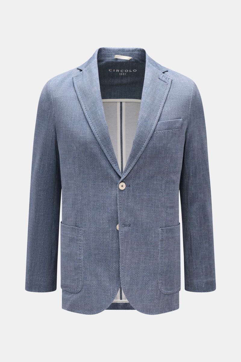 Circolo 1901 Jersey-Sakko rauchblau/weiß gemustert, Fischgrat, Slim Fit, Unconstructed, zwei Knöpfe, Brust- und Hüfttaschen, frontal fotografiert.