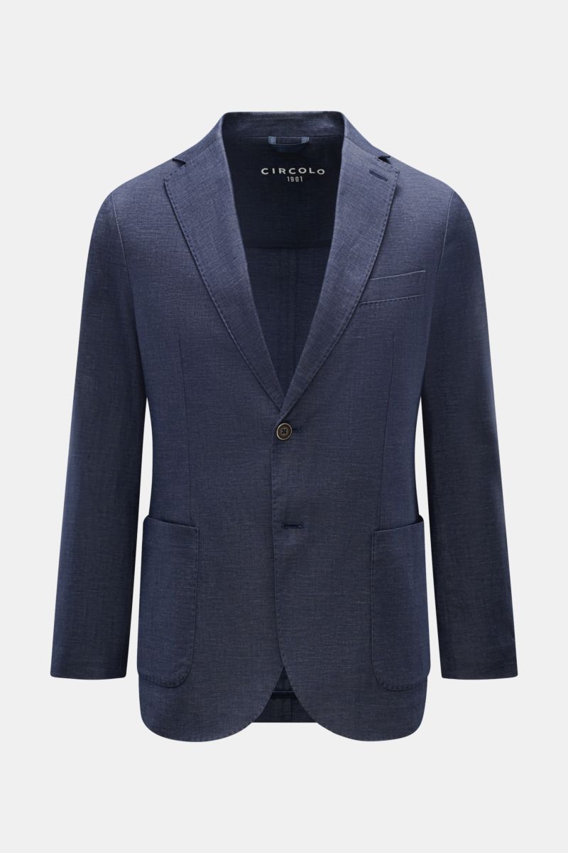 Circolo 1901 Sakko navy meliert, schmal geschnitten, Baumwoll-Leinen-Mix, Slim Fit, Zwei-Knopf-Stil, fallendes Revers, Brust- und Hüfttaschen, frontale Nahaufnahme.
