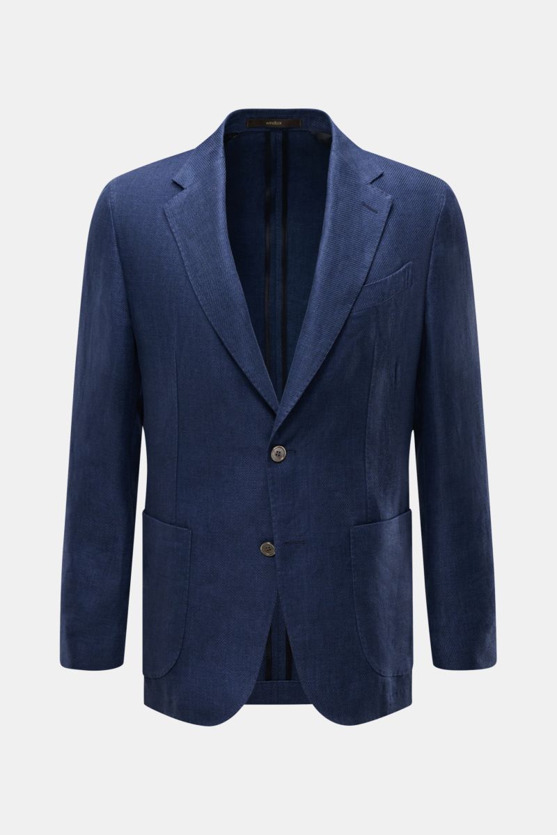 Front view of Windsor Smart-casual jacket 'Giorno' navy mottled, a slim-fit, unconstructed pure linen blazer with step lapel and two-button style.

Description: British elegance with summery lightness: The 'Giorno' unconstructed smart-casual jacket by 