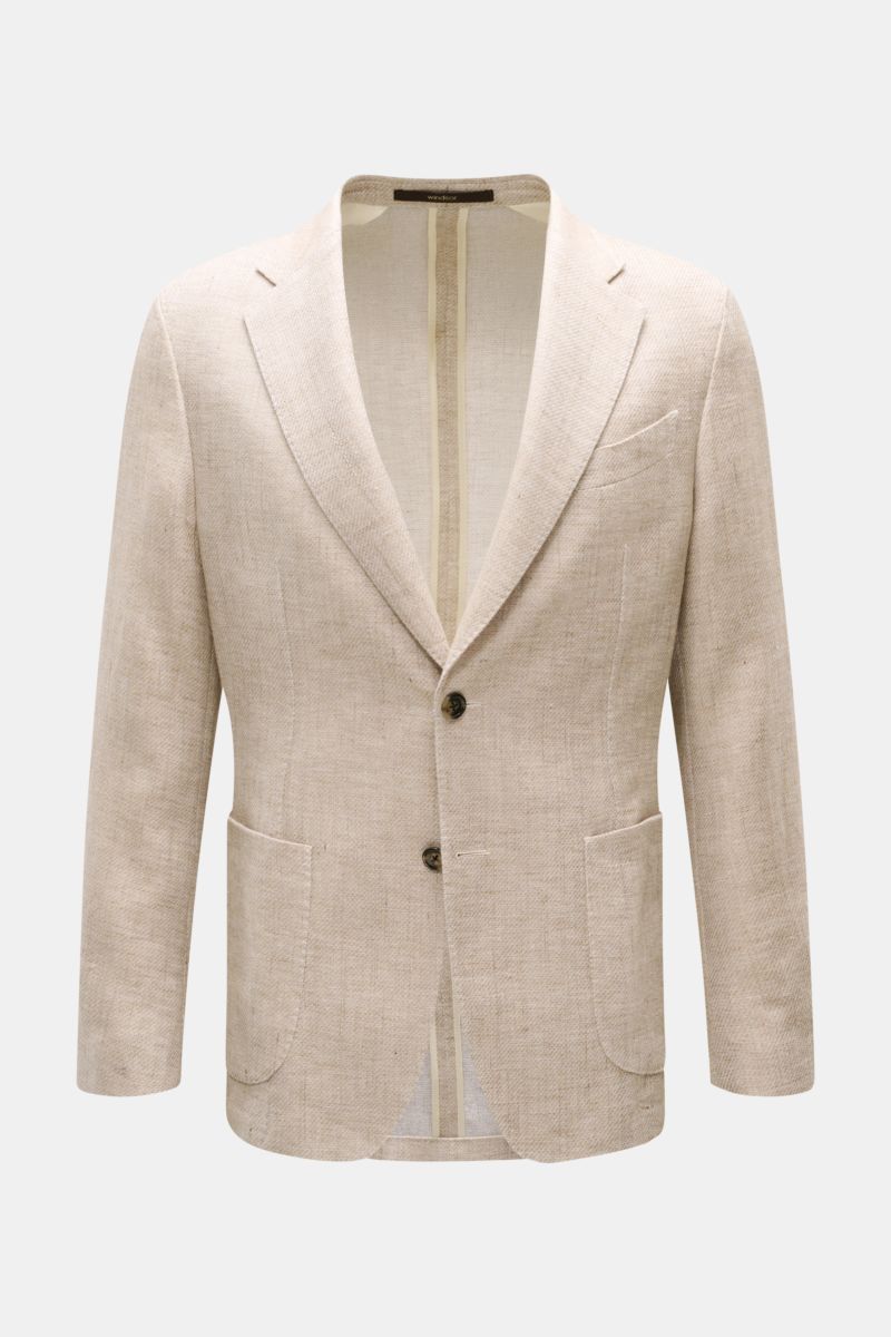 Front view of Windsor Smart-casual jacket 'Giorno' beige mottled, lightweight cotton-linen blend, slim fit, soft feel, step lapel, two-button style, patch hip pockets, classic breast pocket, kissing buttons, side vents, unconstructed design, two inside po